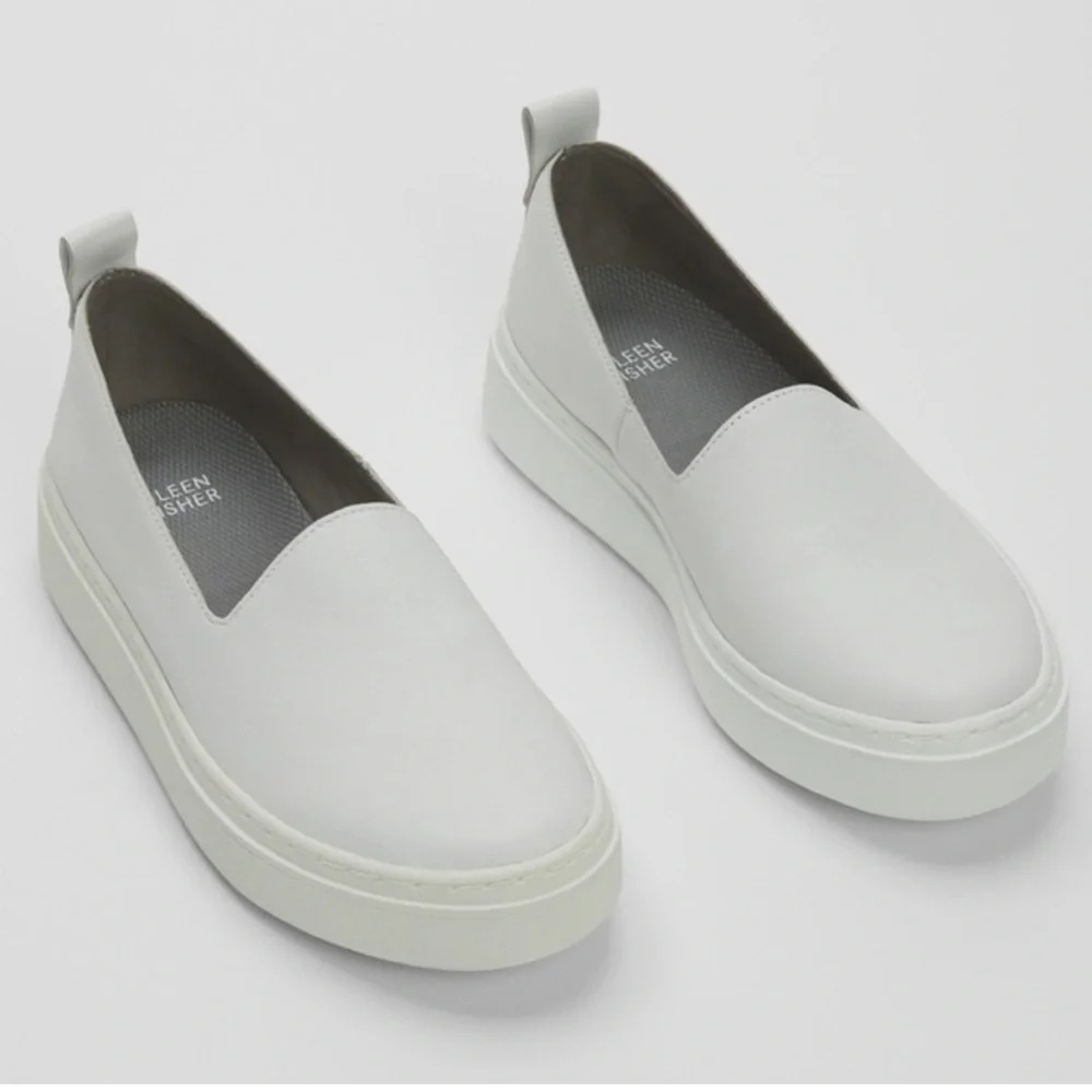 EILEEN FISHER Panda Leather White Sneakers Slip On Shoes